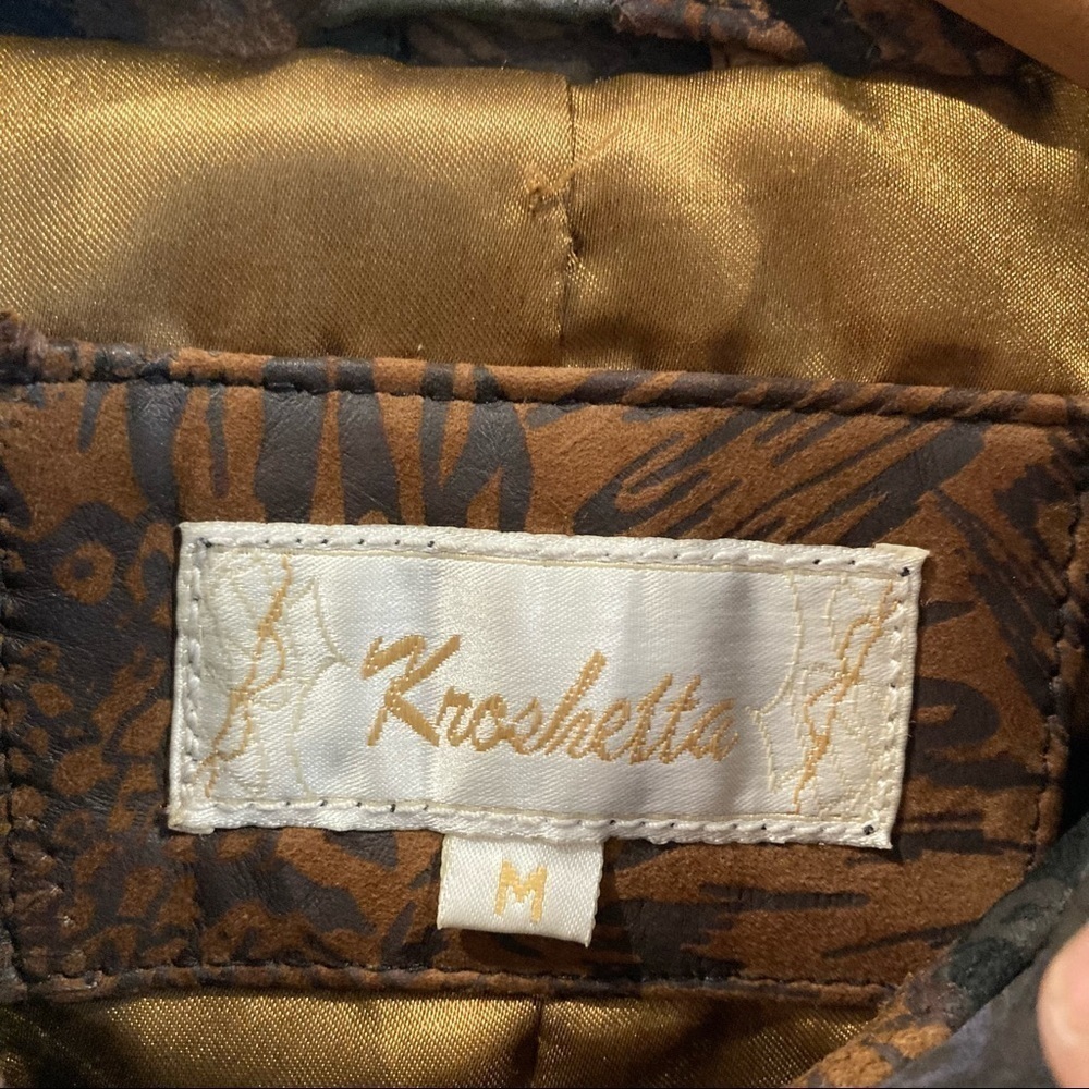 KROSHETTA Sz M Leather Patchwork Knee Length Colourful Lined Coat with Pockets - Picture 4 of 11